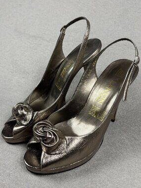 Lanvin Paris Metallic Gold Leather Bow Slingback Platform Heels | EU 40
